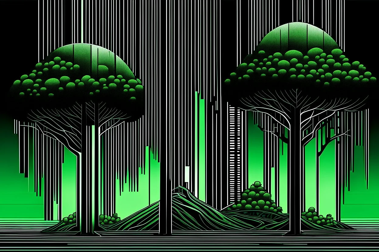 art deco trees with computer microchip textures, strange landscape surrealism, minimalism, green and black dual colors.