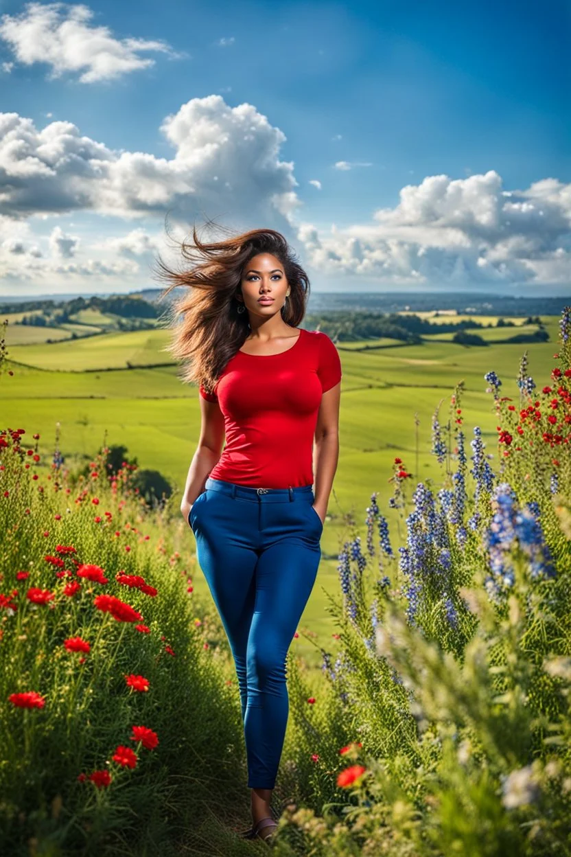 beautiful girl in nice red top and blue pants with curvy hair,perfect face,country side ,wild flowers,blue sky nice clouds,