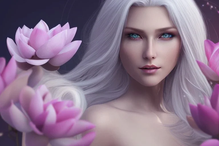 femme long cheveux blond blancs grands yeux bleus , 8k resolution, flower magnolia lotus rose, beautiful portrait, 8k resolution, flower head and body, beautiful star souriante+++