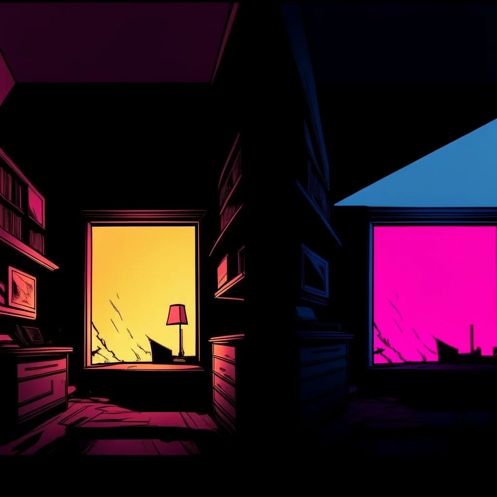 comicbook, duel panels, cartoonish colors, in the left panel, a tv in a minimalist room setting, (in the right panel, a tv plays breaking news,(side angle view:1.2)of the tv), background is a haunting dimly lit, decrepit room.The atmosphere should be chilling, with shadows and decay adding to the eerie ambiance, vibrant palette, volumetric lighting