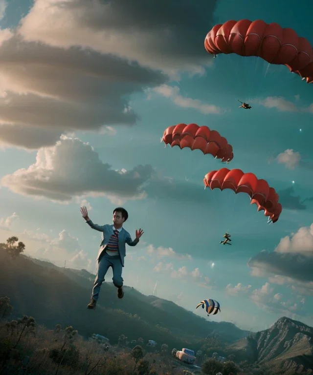 Ultra realistic thriller sky scene, portrait, Childs flying with trinkets, smile, happy, Wes Anderson style, wind, parachute, clouds, color fog, soft color, highly detailed, unreal engine 5, ray tracing, RTX, lumen lighting, ultra detail, volumetric lighting, 3d, finely drawn, high definition, high resolution.