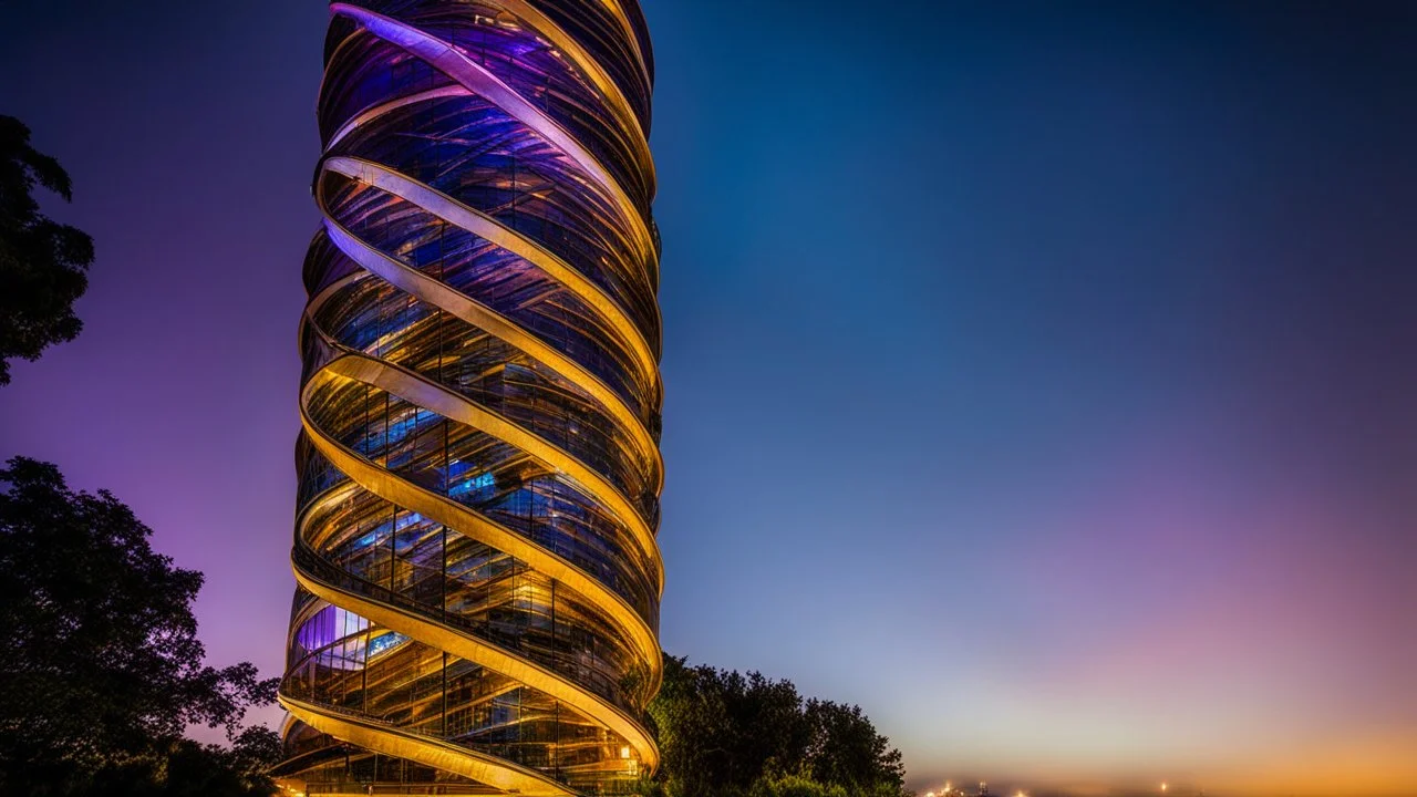 94614, delightful, sensitive, confident, iridescent double helix tower, delicate, nocturnal, architecture, award-winning photograph, beautiful composition, filled with beautiful detail, delicate colour, chiaroscuro