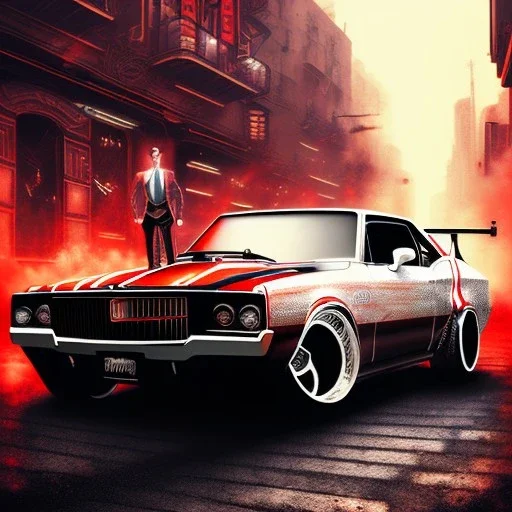 bike, spray paint art, long shiny flat red and white muscle car in motion, man in suit with big machine guns and great style,bullets flying, evening, seen from balcony, dirty city alley, heist action, book cover