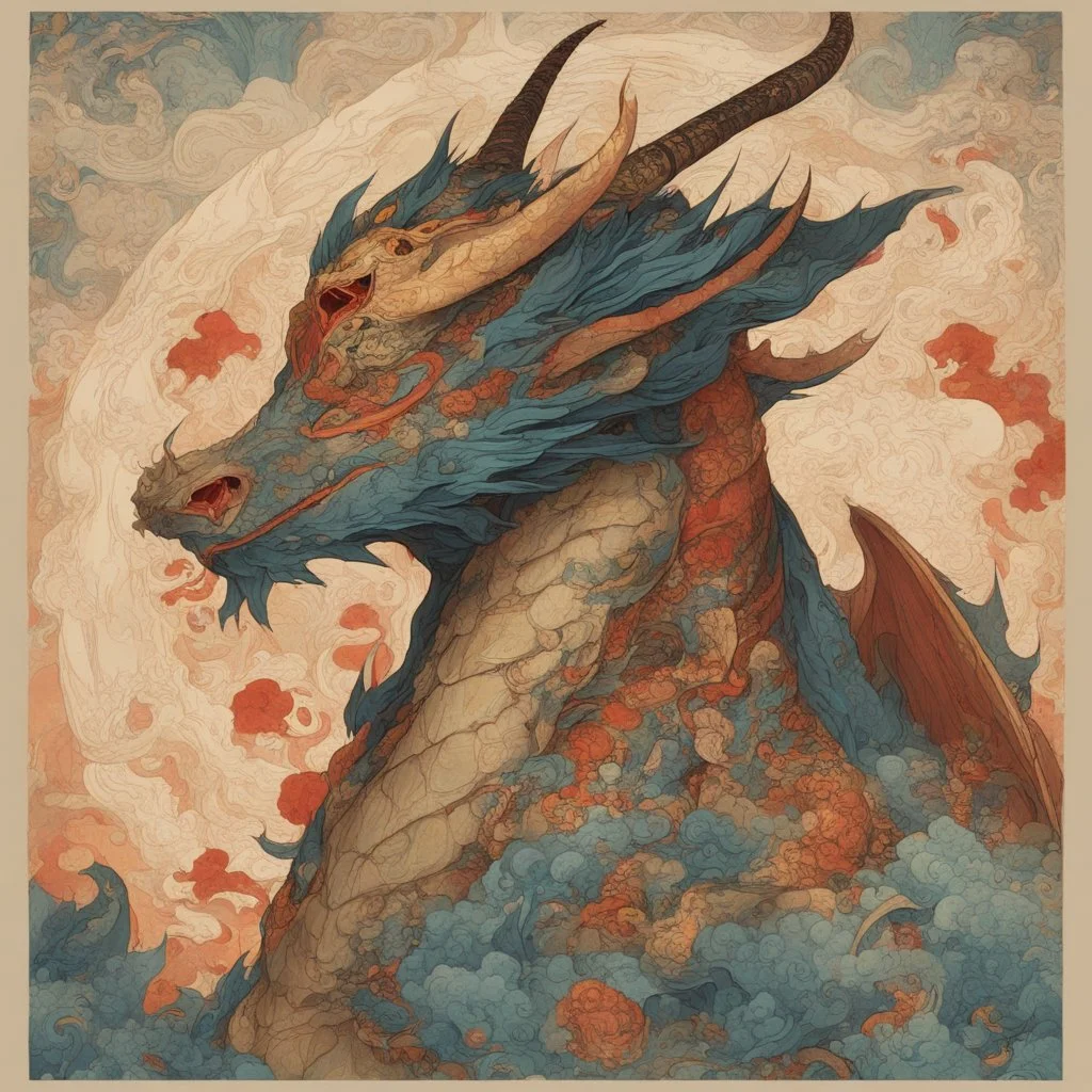 Bordered digital illustration of a Dragon Emperor by Victo Ngai. Hanafuda. High quality, masterpiece. Dungeons and Dragons.