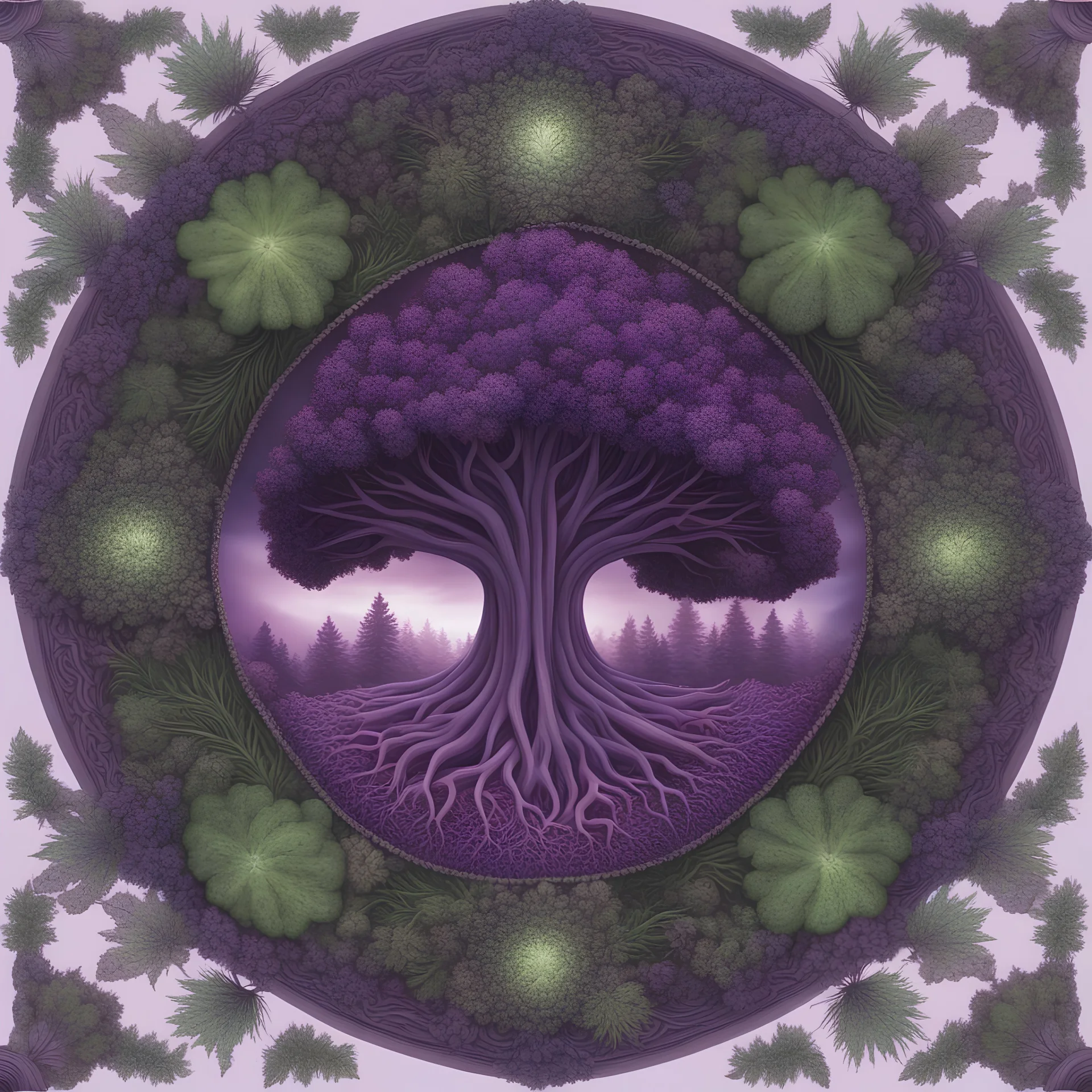 realistic photographic image of purple and green mandala with forest, muschrooms, roots, trees, ferns, animals