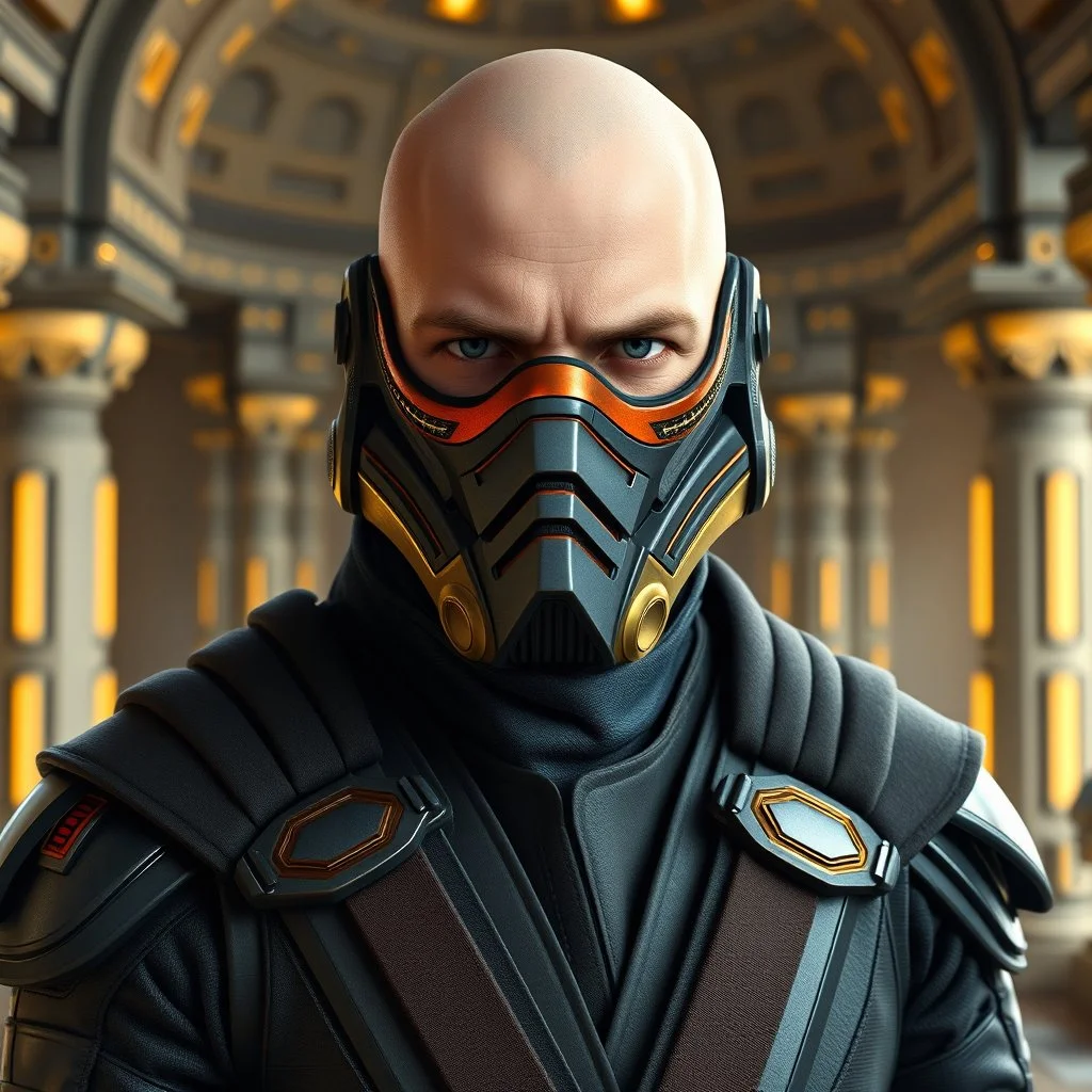 star wars bald male corellian jedi wearing gunmetal grey and black old republic armored flightsuit and breath mask with gold and metallic red trim inside the jedi temple, centered head and shoulders portrait, hyperdetailed, dynamic lighting, hyperdetailed background, 8k resolution, volumetric lighting, light skin, fully symmetric details