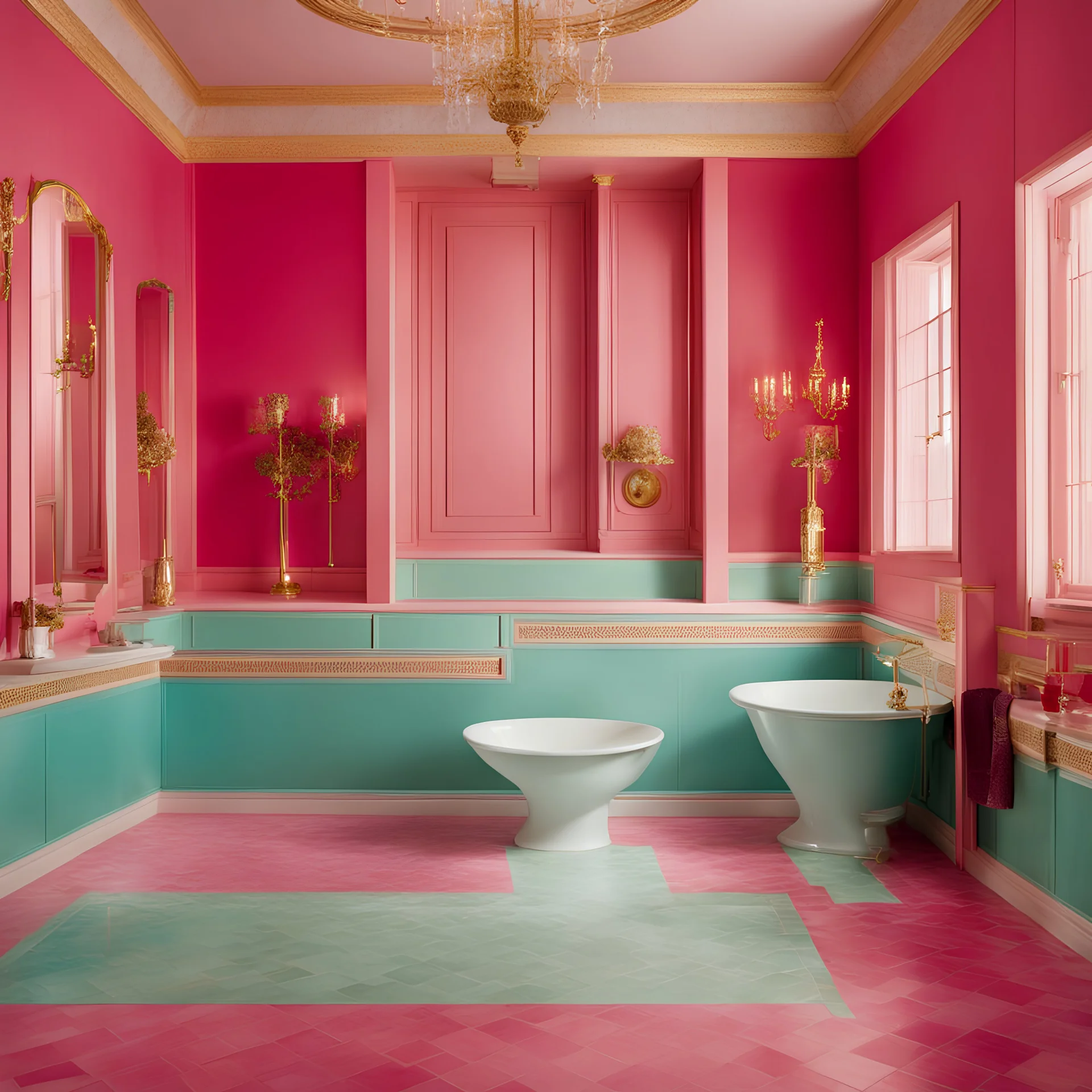 vogue photoshoot of a glamorous bathroom in Wes Anderson style --ar 1:1