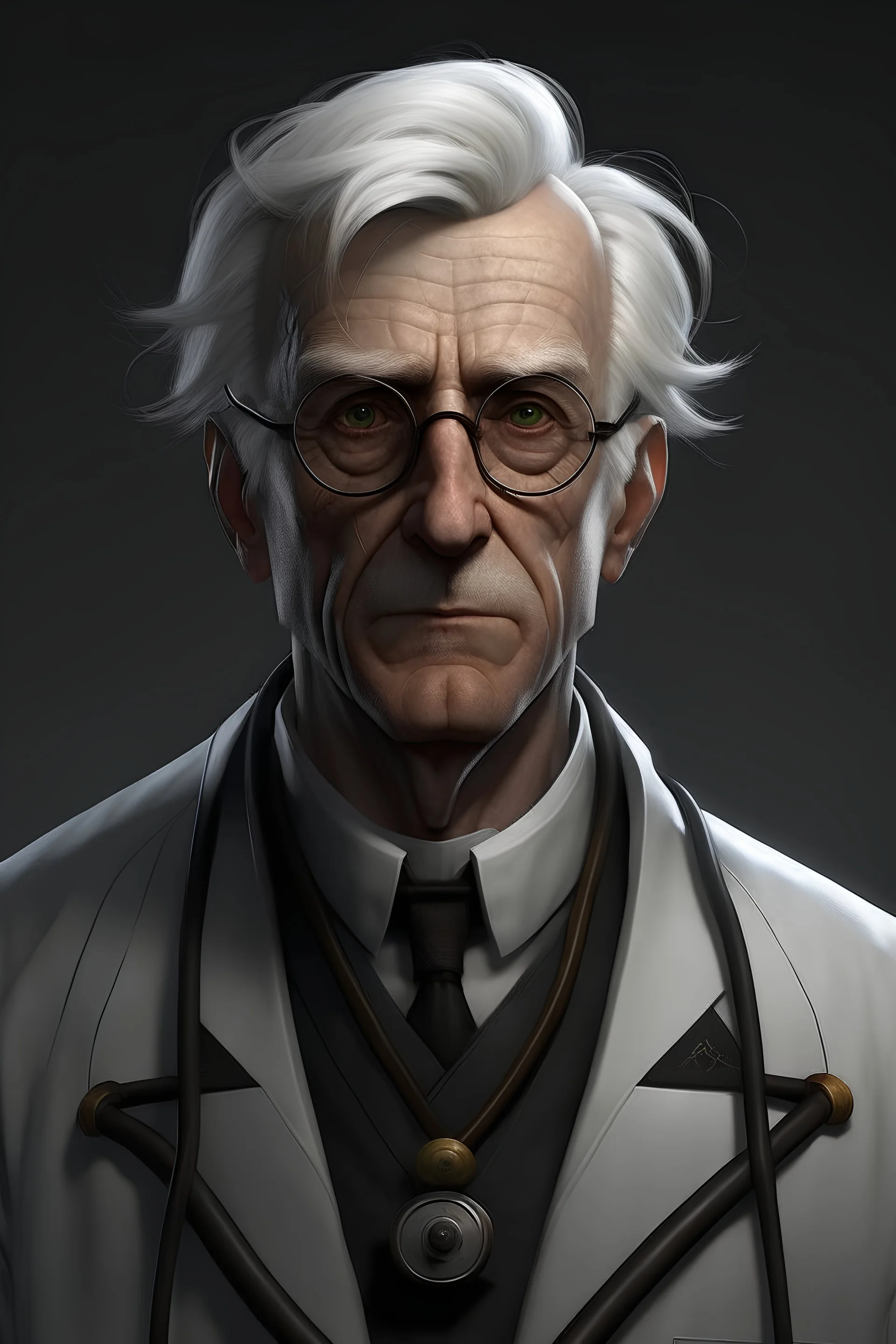A crazy submarine doctor, young german with white hair. realistic grimdark.