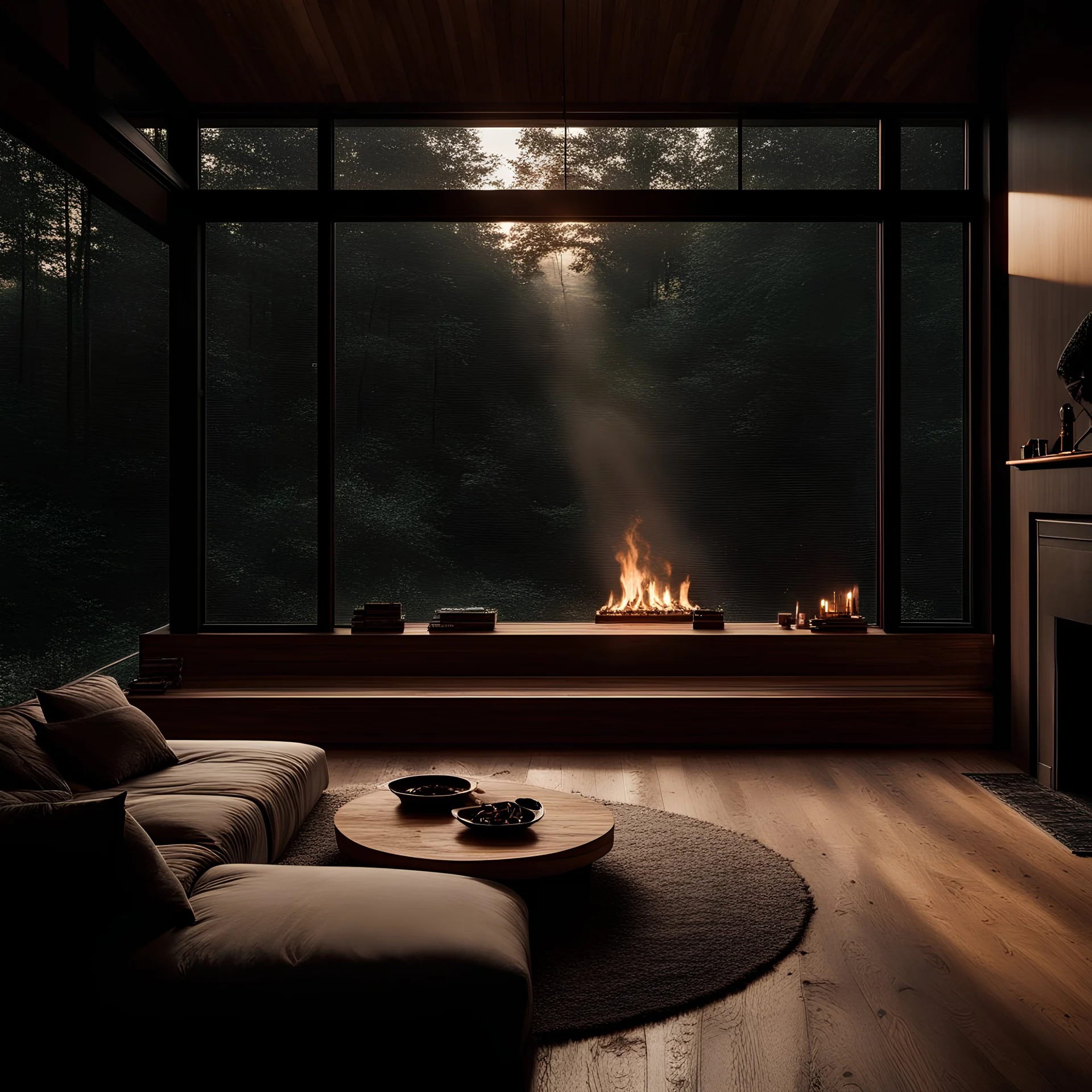 High resolution photography interior design, dreamy sunken living space, wooden floor, window walls opening onto the forest, lots of trees, minimal furniture and decoration, fire place in the middle of the room, high ceiling, warm natural wood palette, rainy weather, interior design magazine, cozy atmosphere; 8k, intricate detail, photorealistic, realistic light, wide angle, kinkfolk photography, A+D architecture --ar 2:3 --s 750