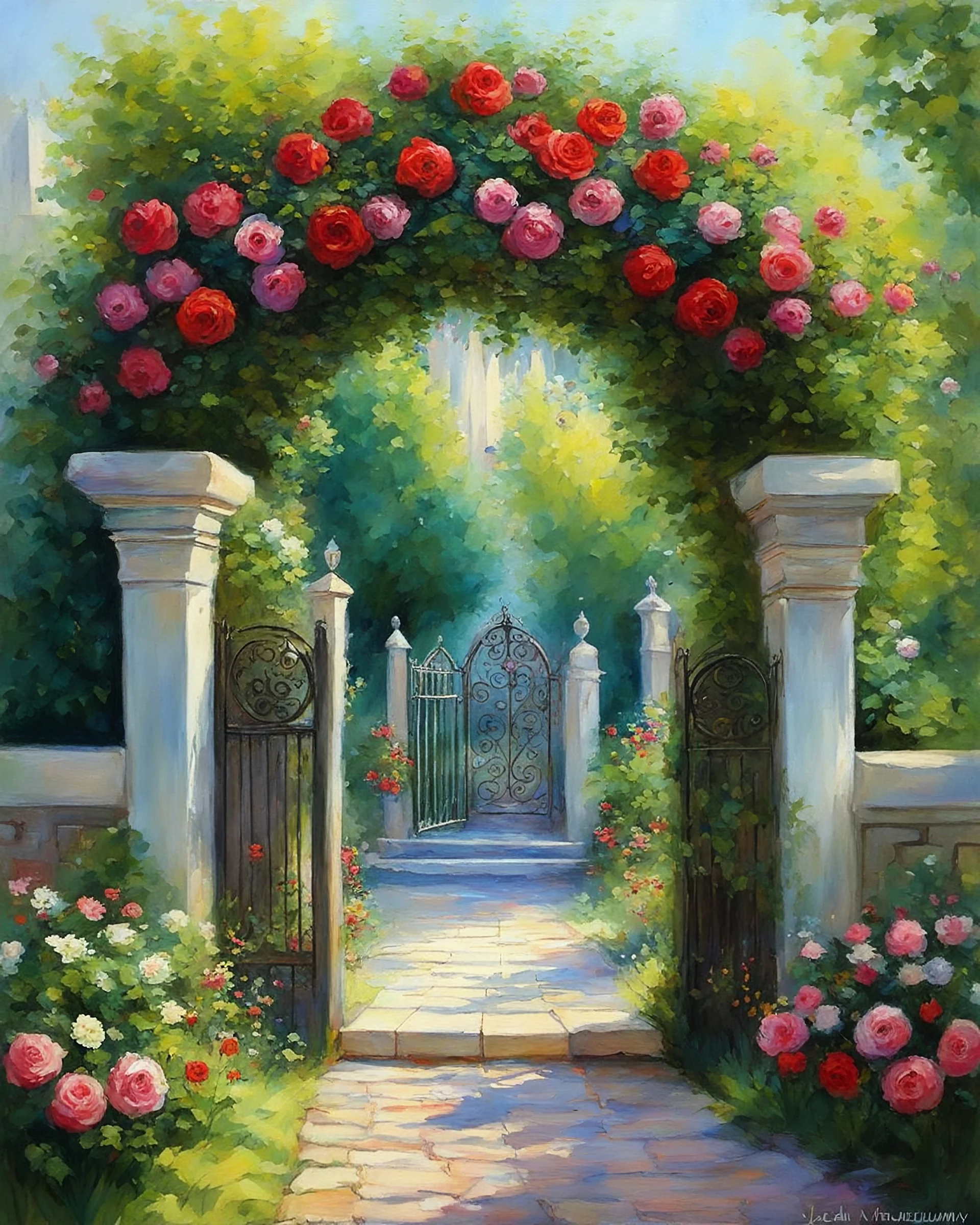 Aleafy tree in a garden, entrance gate lush urn with roses of different colors, Jean Baptiste Monge. atmosphere, dynamic light, complementary color, sharp colors, perfect, composition, dynamic light. by konstantin razumov