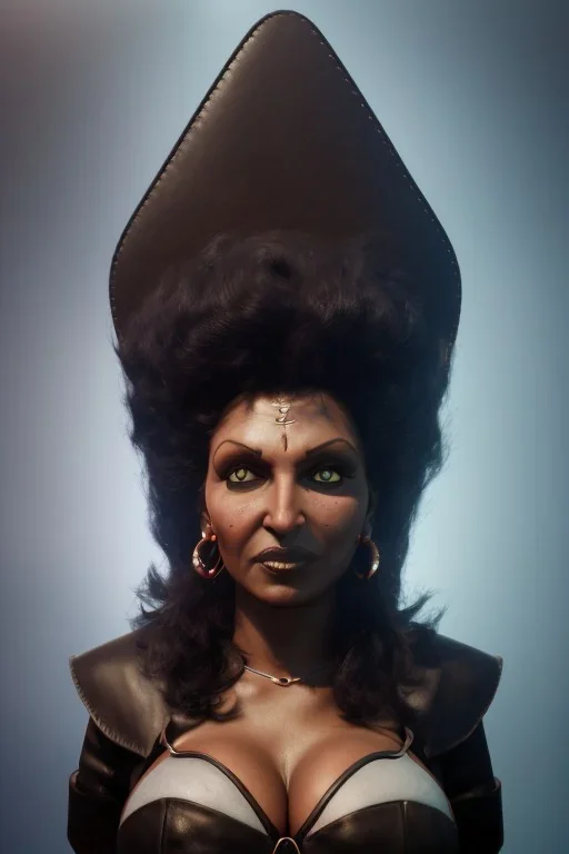 Pam Grier as evil queen in black leather, leather, busty, cleavage, angry, stern look. character design by cory loftis, fenghua zhong, ryohei hase, ismail inceoglu and ruan jia. unreal engine 5, artistic lighting, highly detailed, photorealistic, fantasy