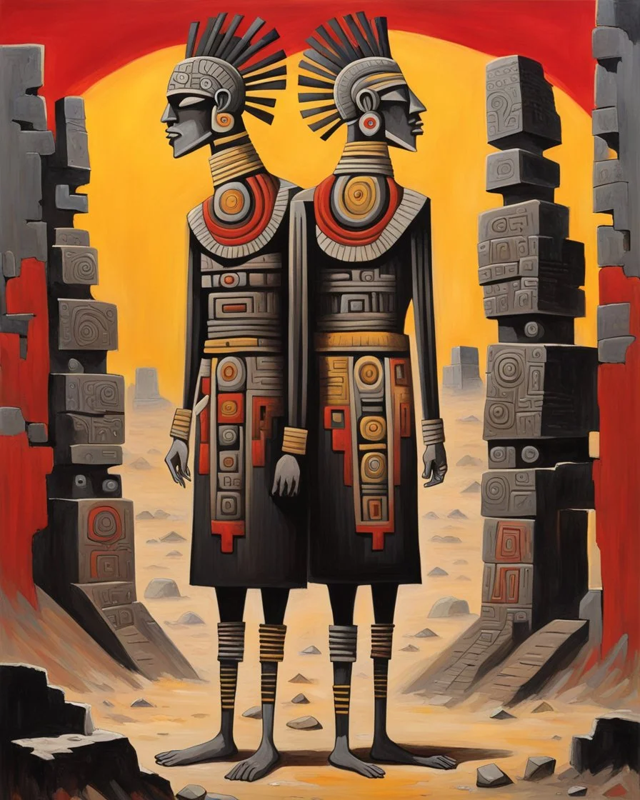 long-legged surreal lean black-grey ancient Azteka priests with ribbon-shaped heads in overcoat, profile, semi-silhouettes among ramshackle ruins in a barren landscape of red, yellow, black and beige colors, intricate acrylic painting