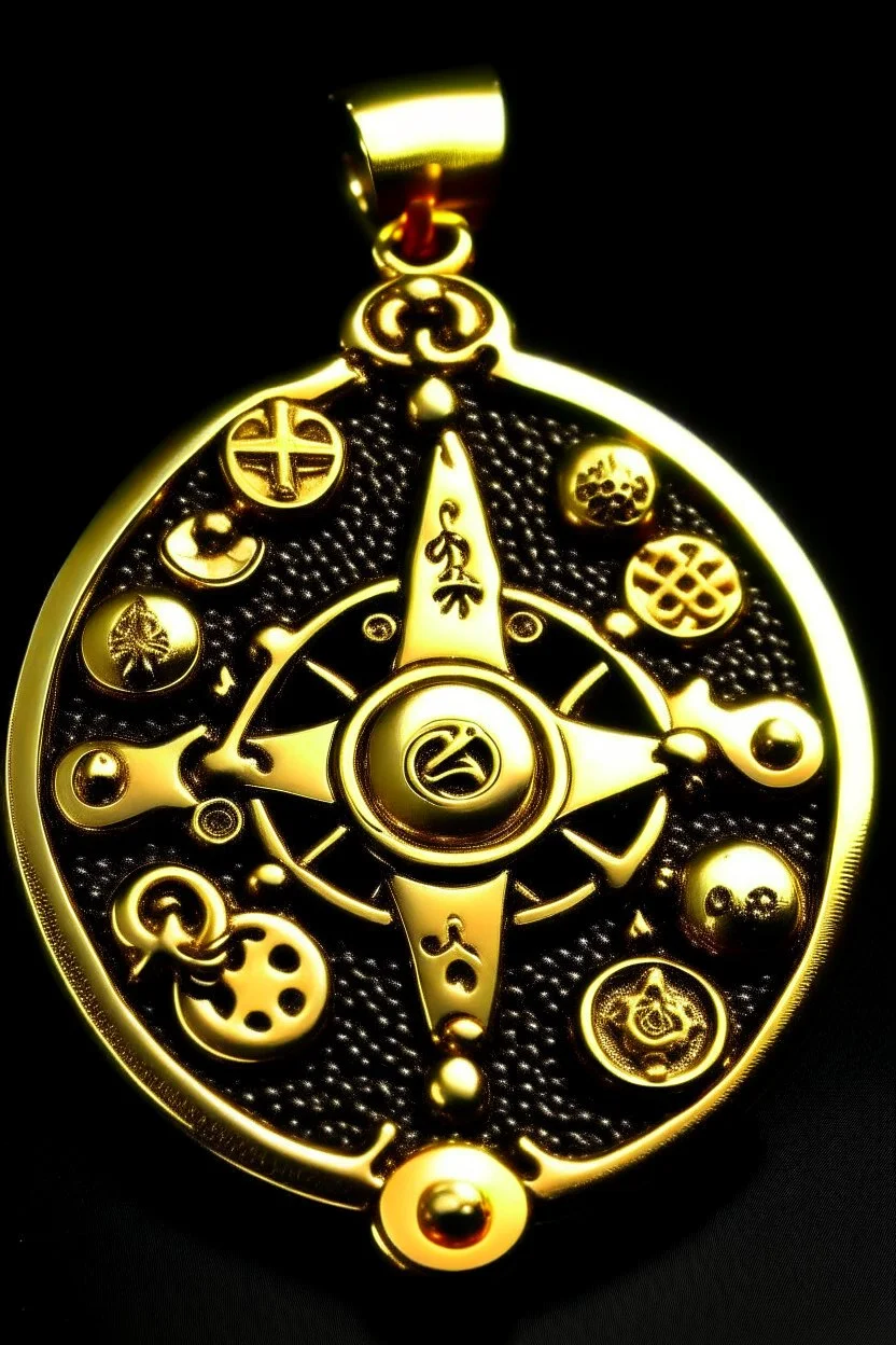 the Latin cross, aum letter, crescent and star, yin and yang, torii gate, khanda, star of david, dharma chakra all combined into one icon for a pendant