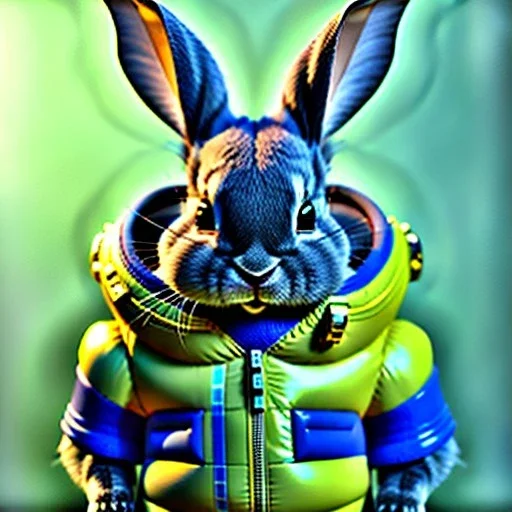 pixar style anamorphic cute cyberpunk rabbit baby, smiling,gangsta gold neckless, full body, yellow puffer jacket, dramatic lighting, hyper realistic, unreal engine 5, 16k without art style by klimt and nixeu and ian sprigger and wlop and krenz cushart