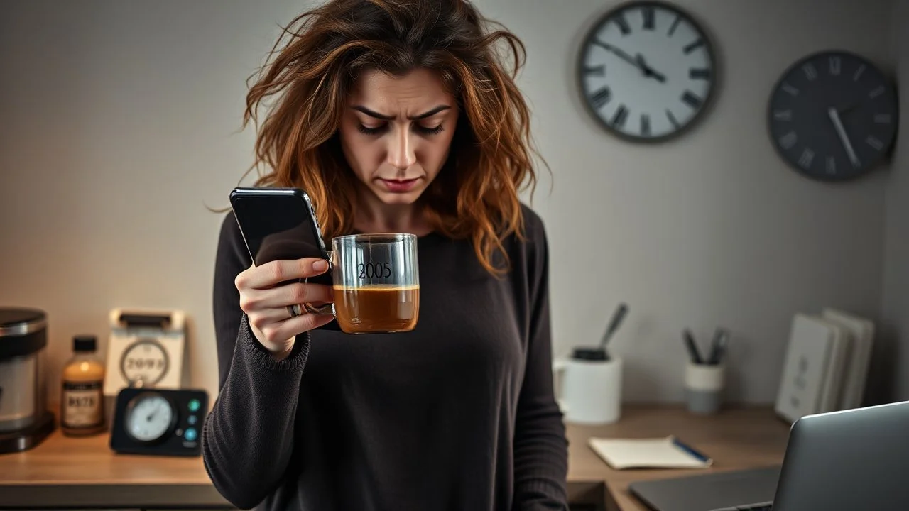 , a tangled-haired, sleepy, cranky, nervous woman is standing with an hourglass mug in her hand, the mug says "coffee", she shows the camera the display of her mobile phone, which shows 8:00, behind her the brewed coffee is flowing down from the coffee maker onto the kitchen counter, a coffee mug a half sock on the counter, 2025 calendar, pen, glasses, laptop, the hand of the wall clock is at 9 o'clock, the micro digital clock shows 8:10, little morning light, sleepy, gray, moody, f