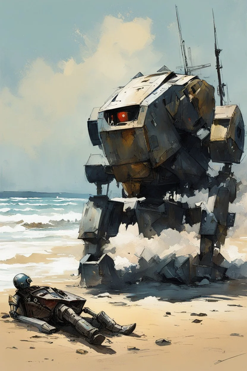 [Alex Maleev] Abandoned war robot wreckage on the beach, kids are approaching it from the beach in a small barque