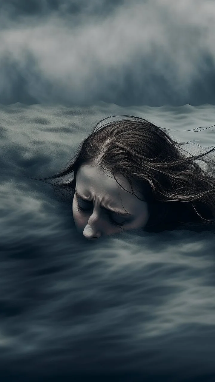 Mourning in dephts of ocean. A woman sinking sadly