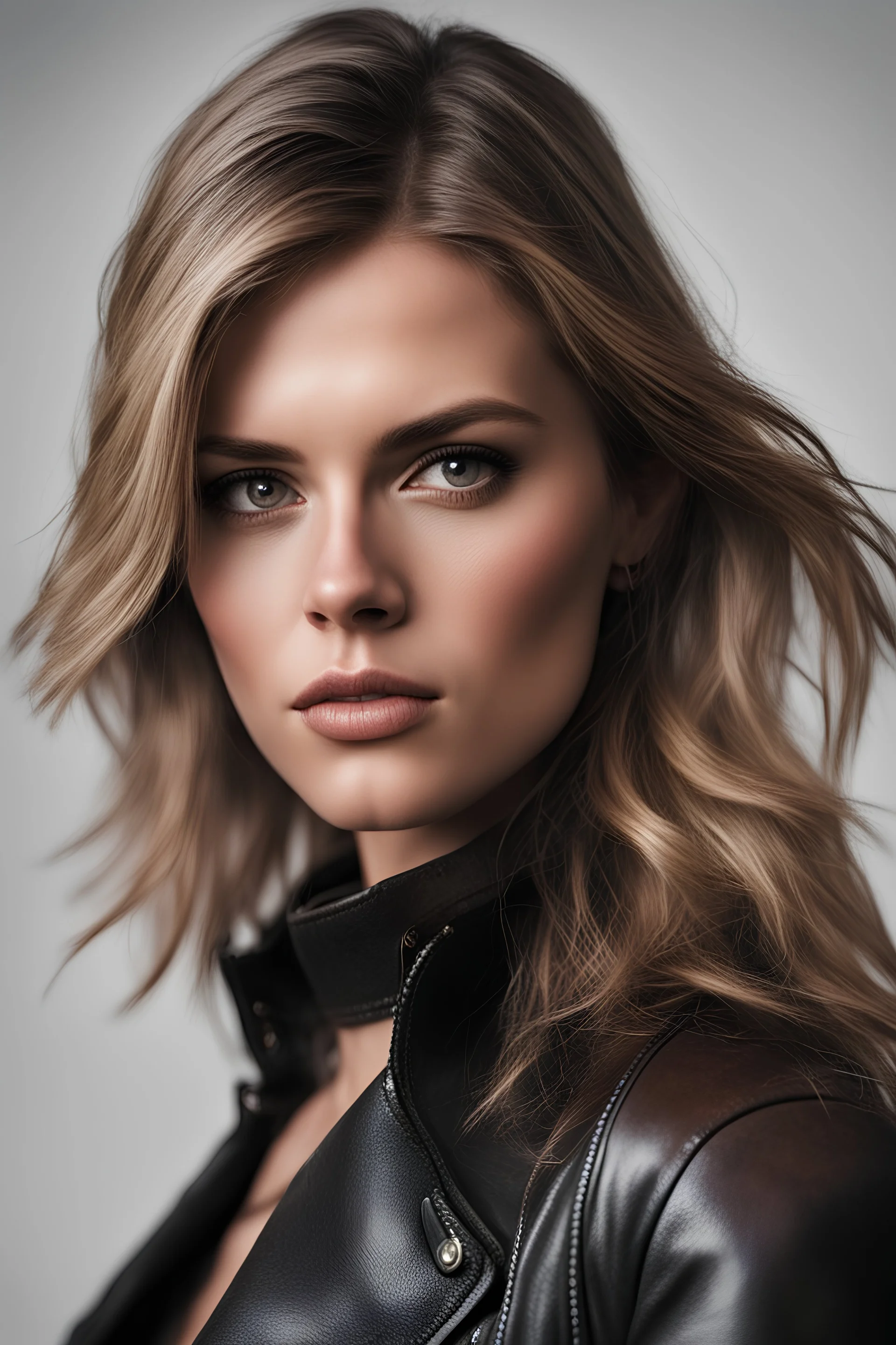 realistic close up photo of emily ratjakowski in leather