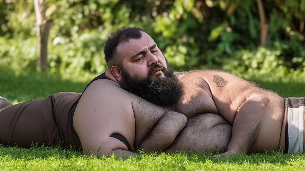 close up photography of a chubby sensual bearded marocan burly ugly stocky 65 years old , relaxing on the grass , in a garden, sunlight, manly chest with tank top, short pants, open legs, photorealistic, side view, ambient occlusion