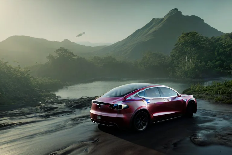 A Tesla 'Model S' is going at a high speed, on the 'Jurassic Park' island. (CINEMATIC, WIDE ANGLE LENS, PHOTO REAL)