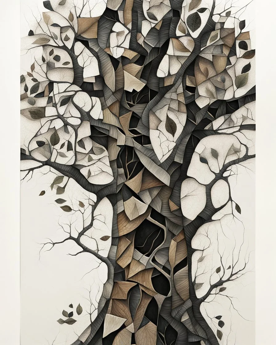 Abstract primitive tree composed of organic bark and leaf textures, fragmented into interlocking sections of varying magnification (macro veins, branch close-ups, distant silhouettes), all fused with no boundaries; rough charcoal, angular limbs and leaves, each section using distinct hatching densities and mark systems, high-contrast black on white, naive cubist/raw sketch style, continuous bleeding collage, square frame, edge-to-edge. Colored in rich but soft earth tones with the blacks preser