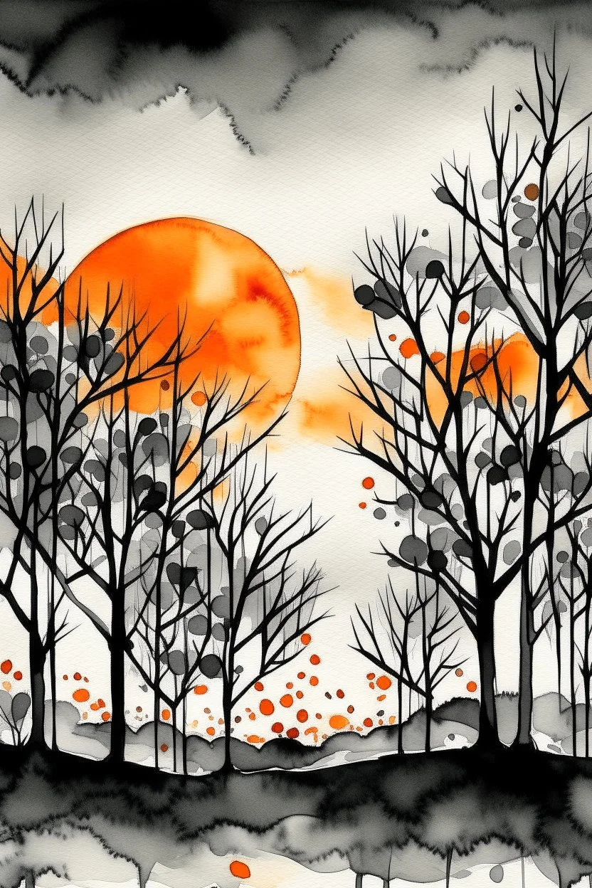 Watercolor black and white far away trees with orange oranges