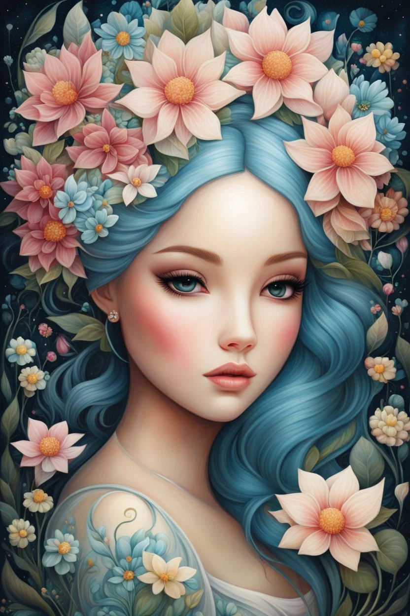 a painting of a woman with flowers in her hair, by Jeremiah Ketner, by Audrey Kawasaki, beautiful fantasy art portrait, by Juliette Wytsman, woman in flowers, by nicoletta ceccoli, beautiful fantasy portrait, by Jeka Kemp, by Melissa Benson, inspired by Jeremiah Ketner, girl in flowers, graphic artist magali villeneuve, anna dittman