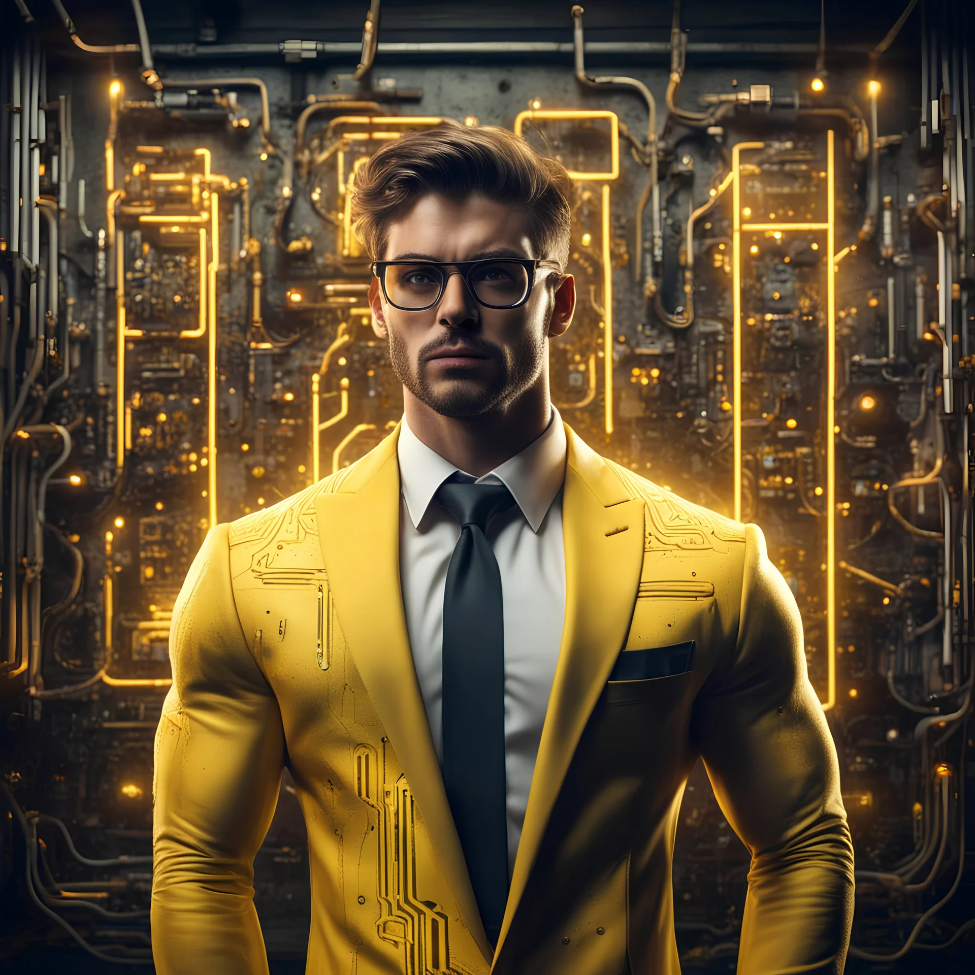 Hyper Realistic handsome muscular Electric-Superhero wearing long-fancy-yellow-tuxedo & fancy-glasses in a dark-rustic-circuit-room with electric-sparks & a massive circuit-board-wall