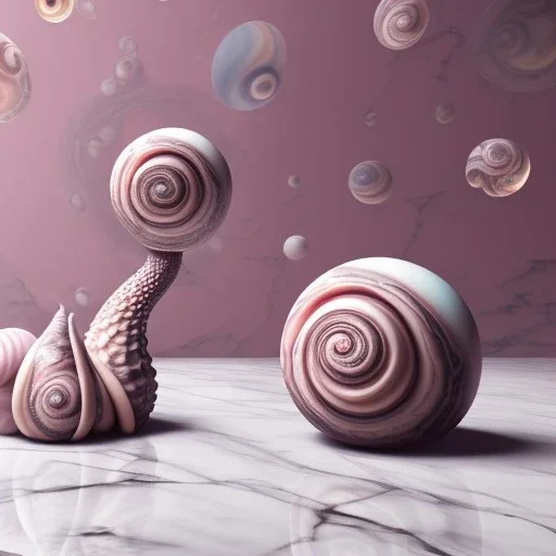 Light pink swirling marble texture,big snail, centered table & chair,transparent soft shadows, HD 4K Unreal Engine 5 bokeh