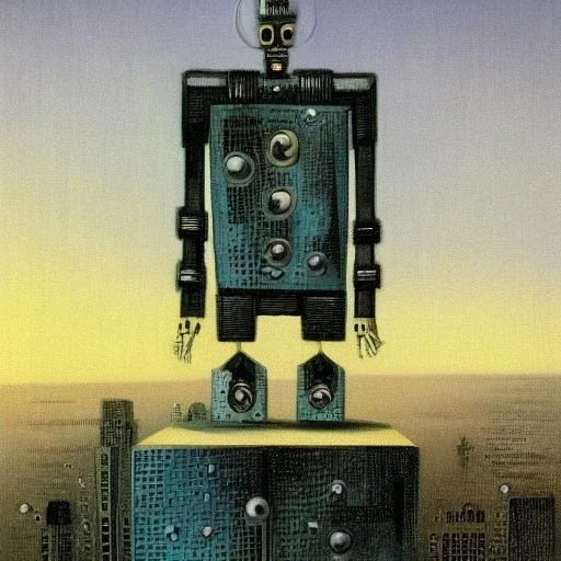 A sad robot sitting on top of a skyscraper by dali