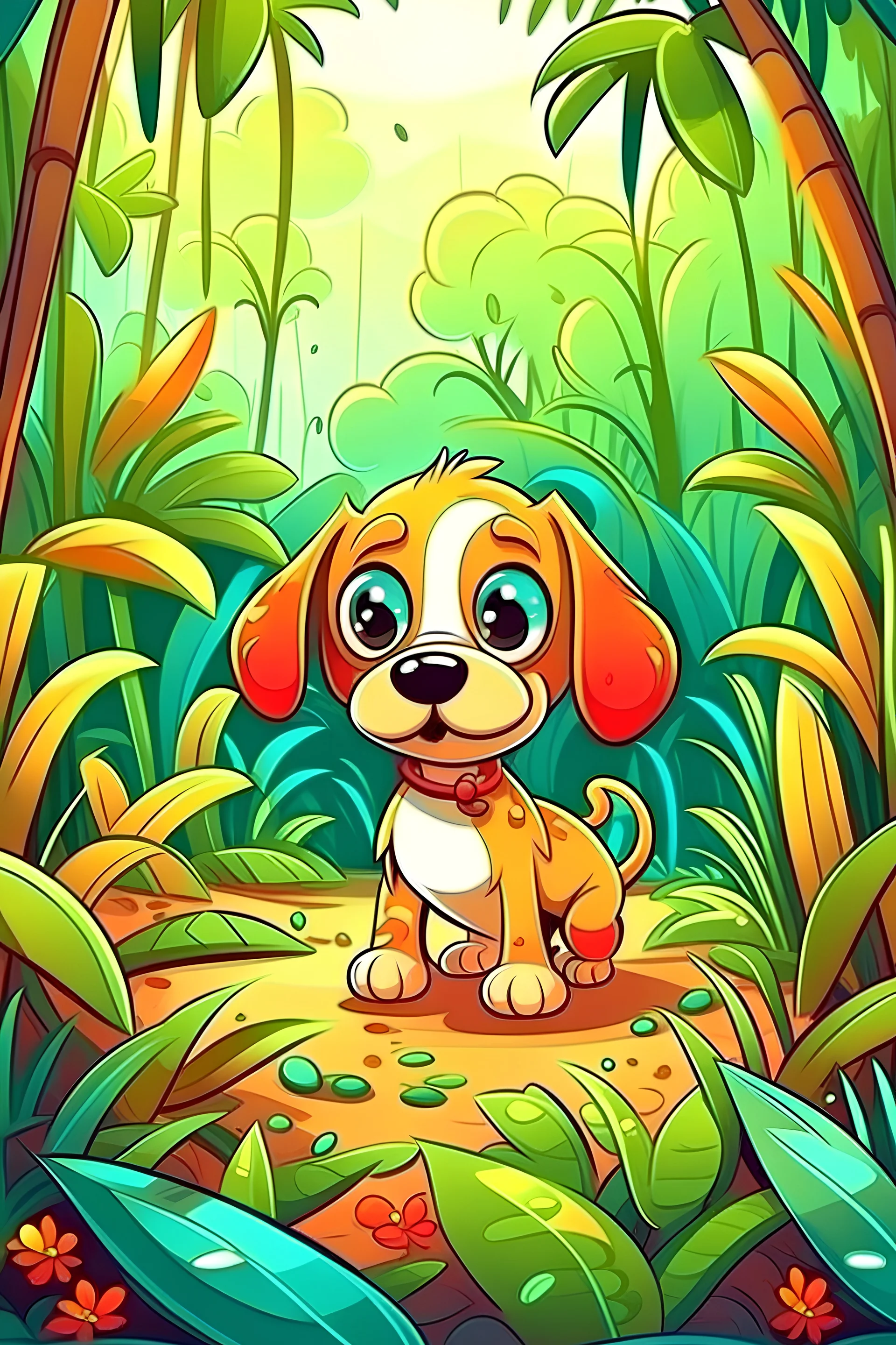 kids illustration, cute puppy in a jungle,cartoon style,thick lines,low detail,vivid color --ar 9:11