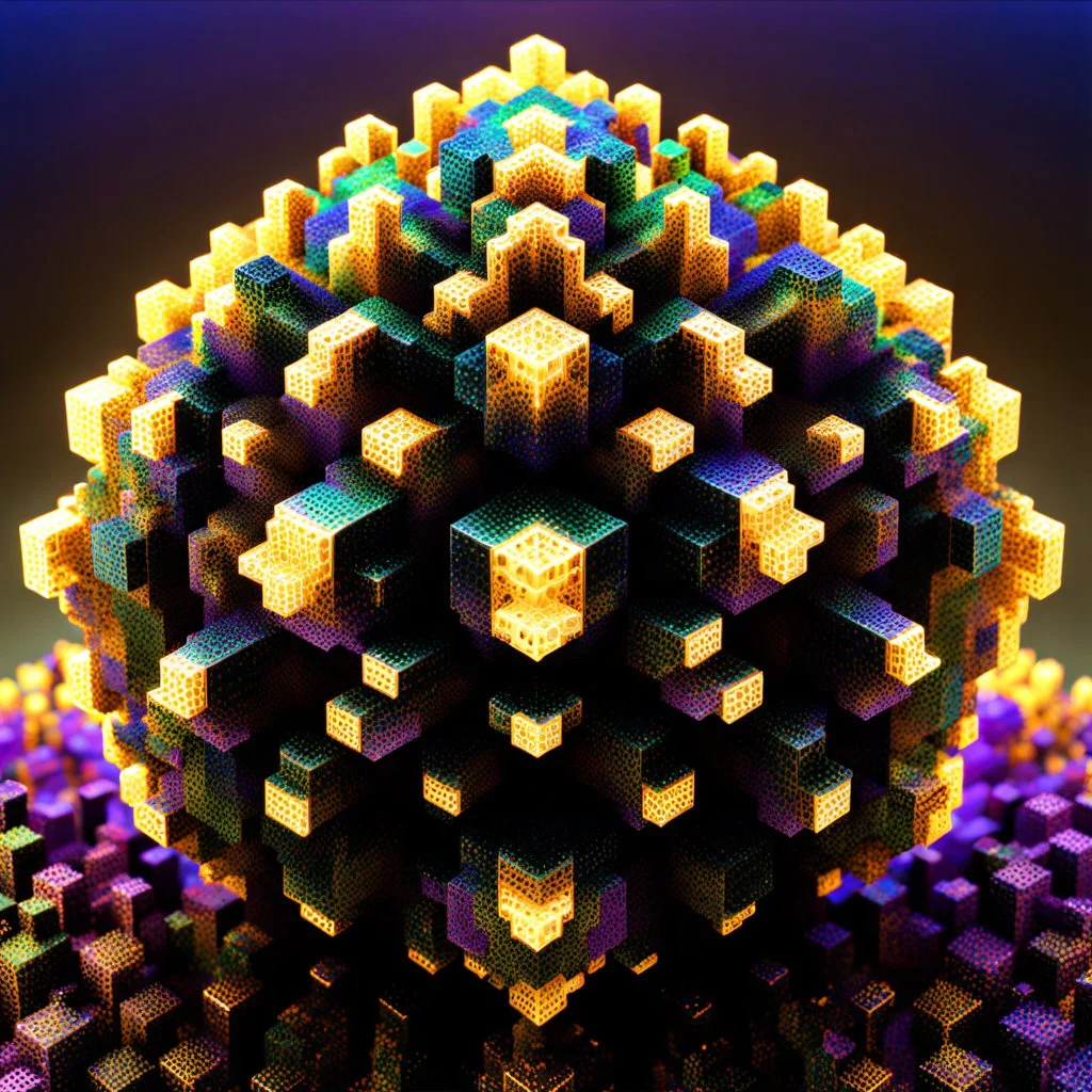a mandelbulb 3d fractal made of small metallic random color cubes