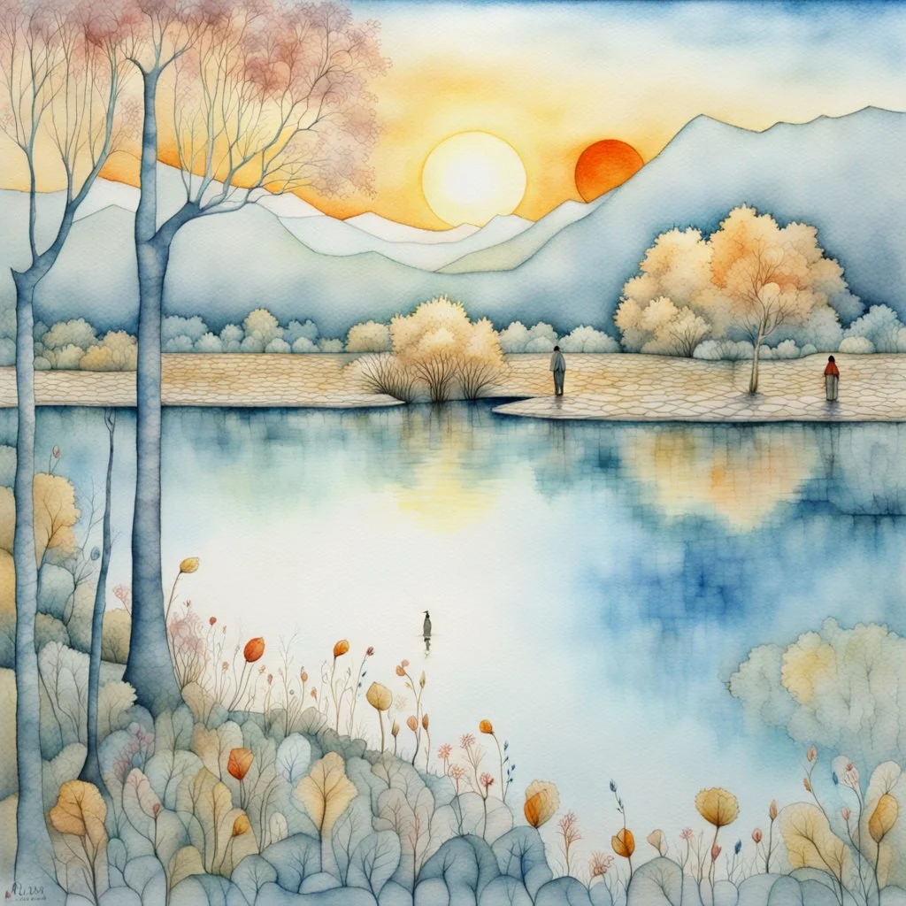 by the lake. Optical illusion, zentangle, surreal. highly detailed elegant fantasy illustration intricate intricate details masterpiece very attractive beautiful award winning crisp quality Paul Klee golden hour Tim Burton Watercolor painting JMW Turner aquarelle Dee Nickerson watercolor and ink wet on wet pen and ink style Xuan Loc Xuan