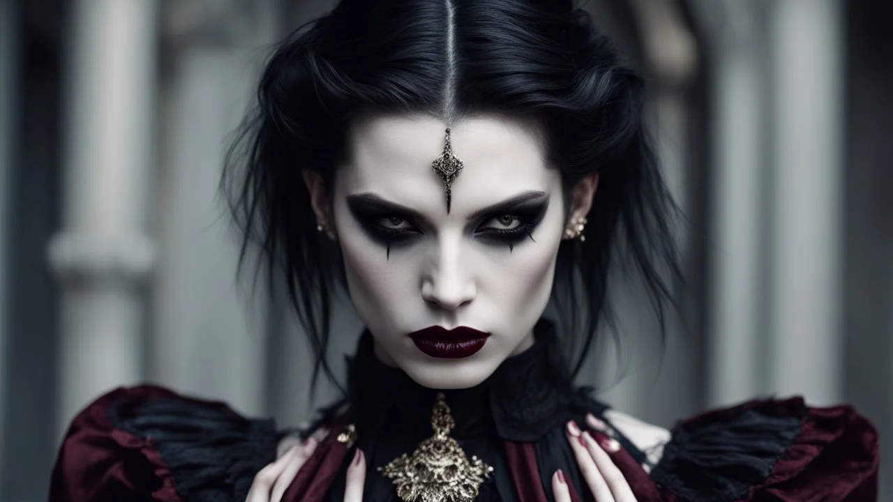 vampire goth fashion, women and men pale face, black hair dark make up, in renesaince vampire goth clothes and jewelry, black, silver, gold, burgundy fashion colors, High detailed, sharp focus, looking at the camera, cinematic, masterpiece, high realistic, fashion photo