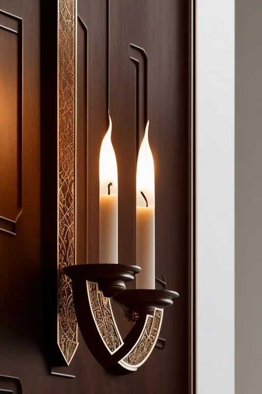 antique wall sconce with burning candle, close up photography, wood, on white background, ultra detailed, geometric details, in the style Medieval , Canon EOS, 35mm lens, 8k, photorealistic, --ar 2:3