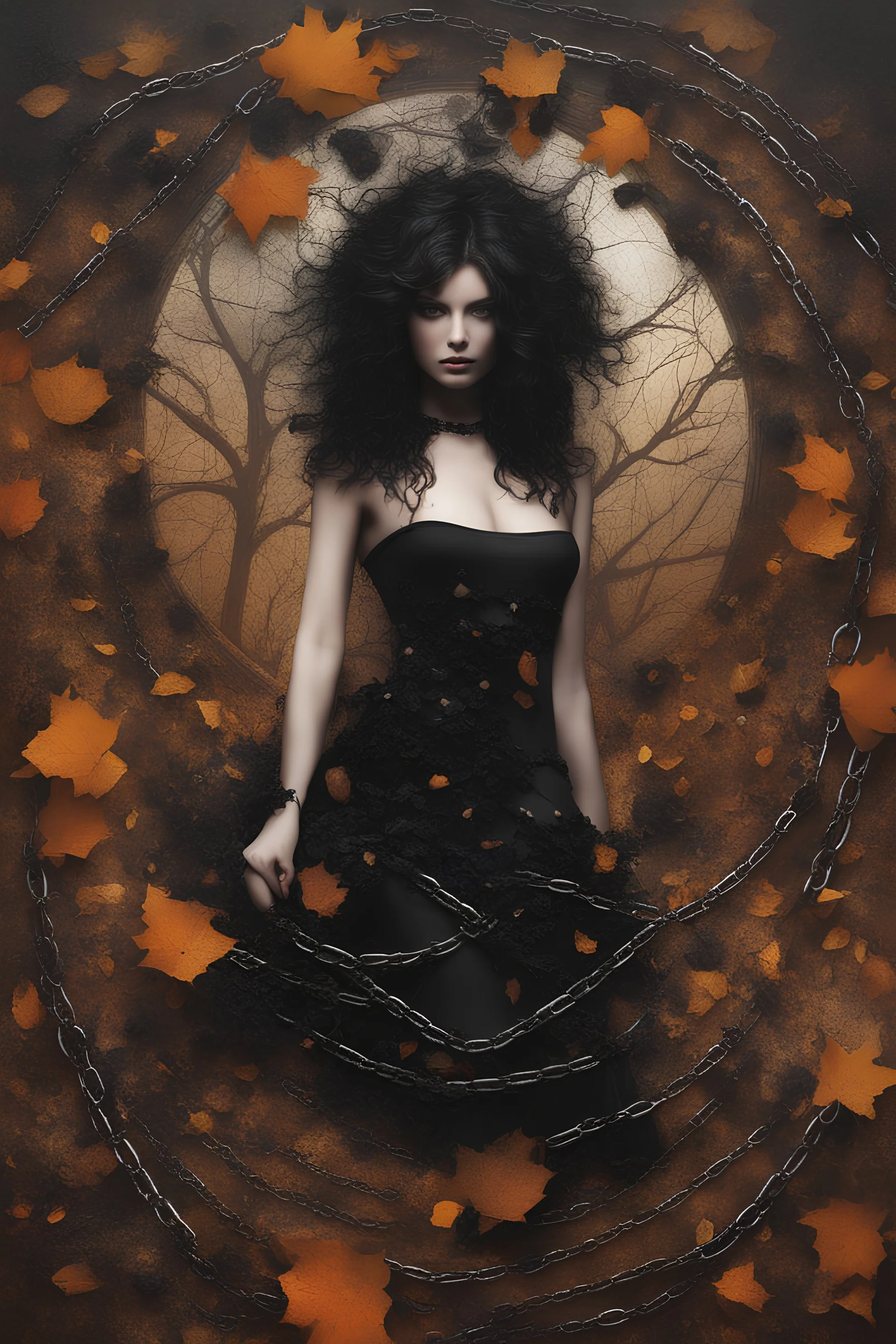 abstract creation of a beautiful girl with black curly hair, surrounded by black roses, thick metal chain broken, glass petals on the ground, autumn colours,dried out thorn bush, chaos,