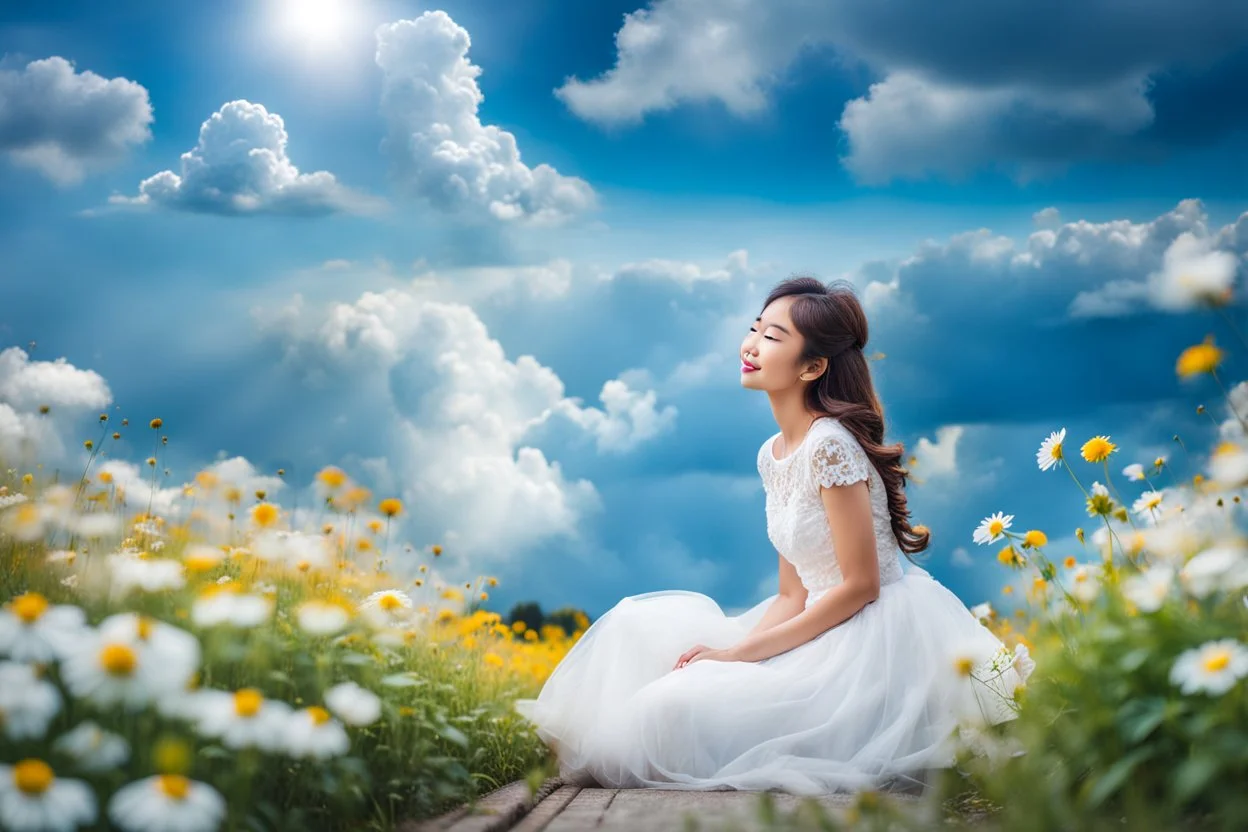 romantic environment heaven flowers clear nice clouds ,young girl gracefully whispering her lovely joy,full body shot.