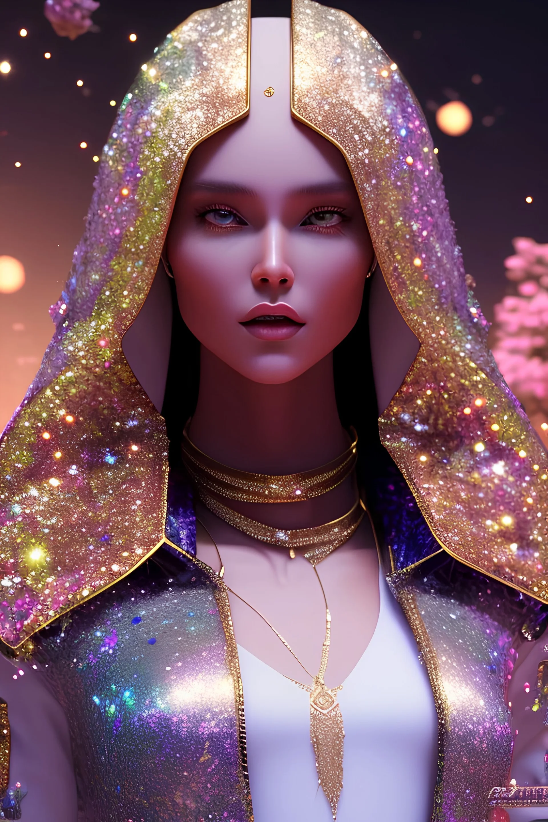 white woman glitter black in a galactic ambiance, delicate colors in the foreground, full of details, smooth, light effect，vaporwave colorful, smooth, extremely sharp detail, finely tuned detail, ultra high definition, 8 k, unreal engine 5, ultra sharp focus