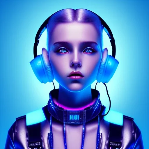 woman teenager, headphones, retro futuristic, braun, shaved hair, leather, gradient color, BLUE, PINK, CYAN, neon, insanely detailed, 16k resolution, perfect eyes, cinematic smooth, intricate detail