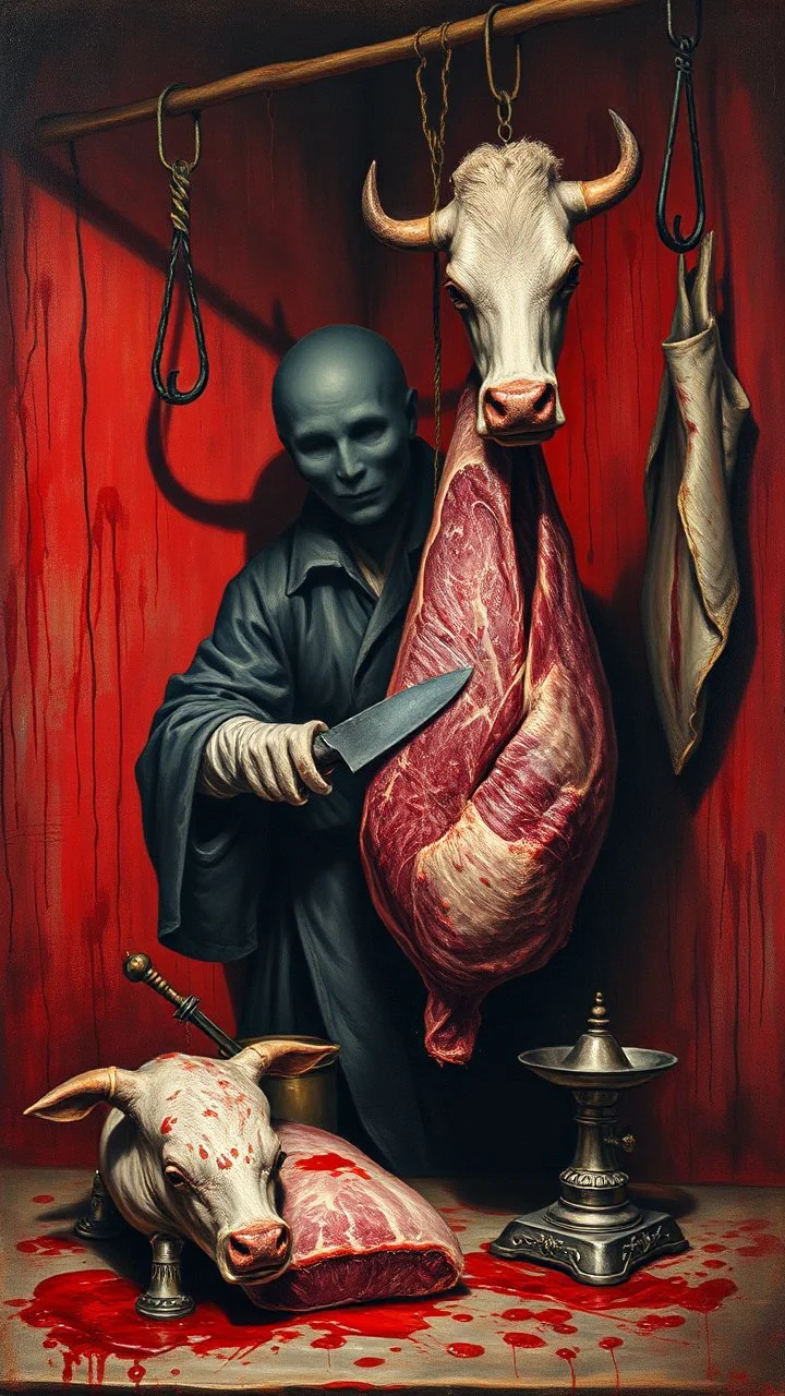 Bosch style painting , A shadow of a spirit inside a bloody butcher store , the butcher is cutting a big cow meat hanging with hooks with details on red bloody background of a meat store , blood is everywhere on the wall and his clothes, a head of the cow is on the table, a big peace of meat is on a metallic scale