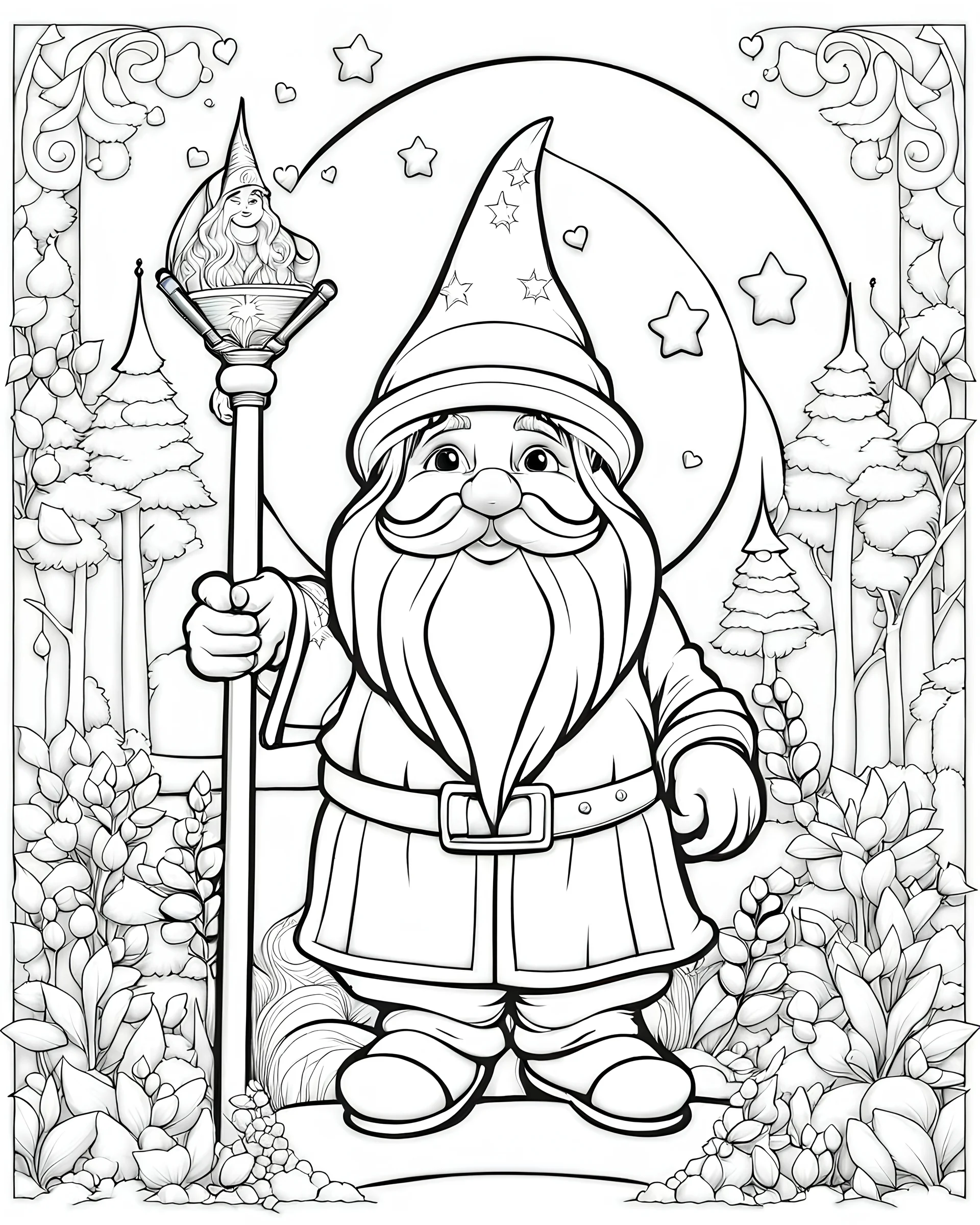 B/W outline art,coloring book page, full white, super detailed illustration for adult, "Magical Moments: Gnome Coloring Love", crisp line, line art, high resolution,cartoon style, smooth, law details, no shading, no fill, white background, clean line art,law background details, Sketch style.