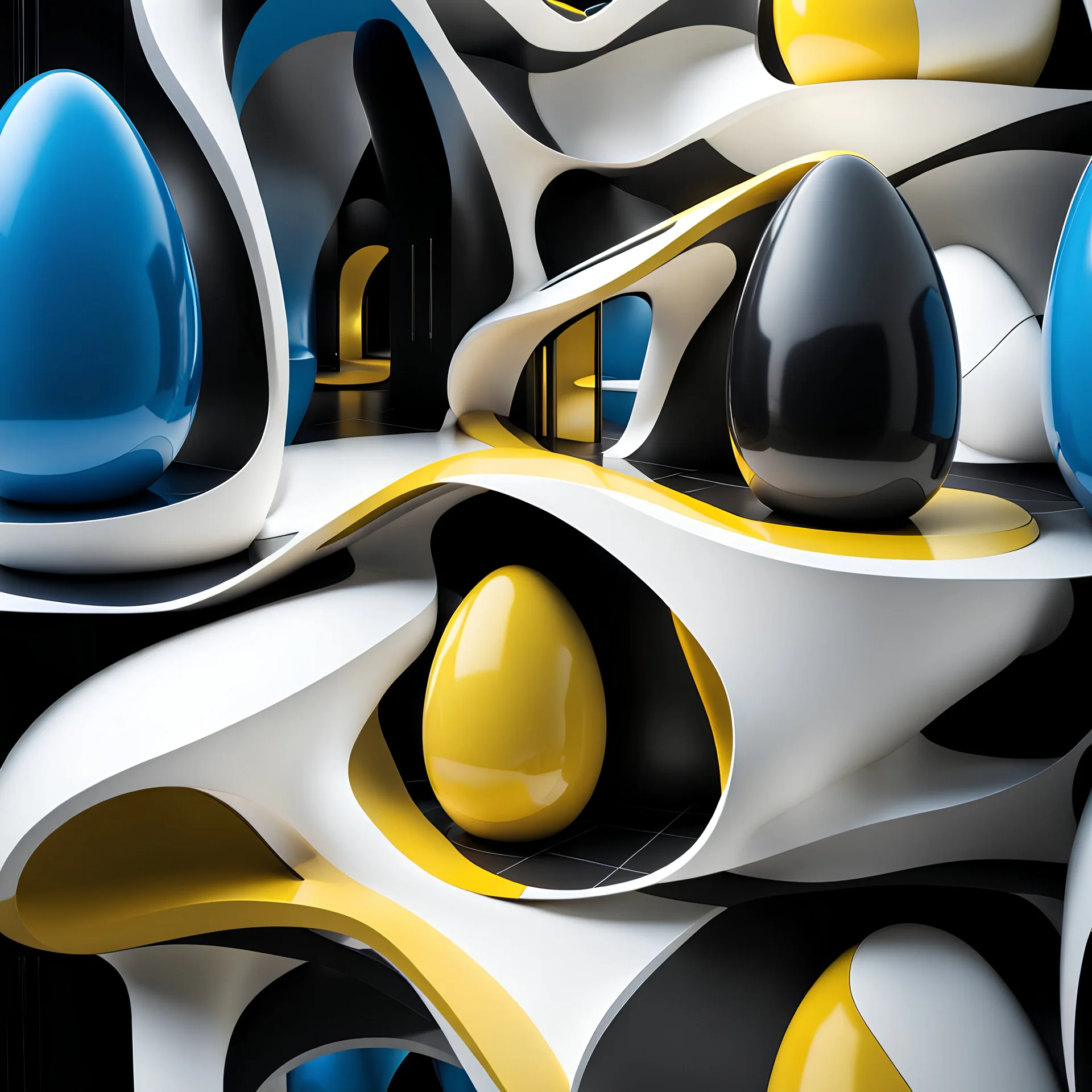 3D drawings of Zaha Hadid style egg-shaped country house in black, white, blue and yellow colors