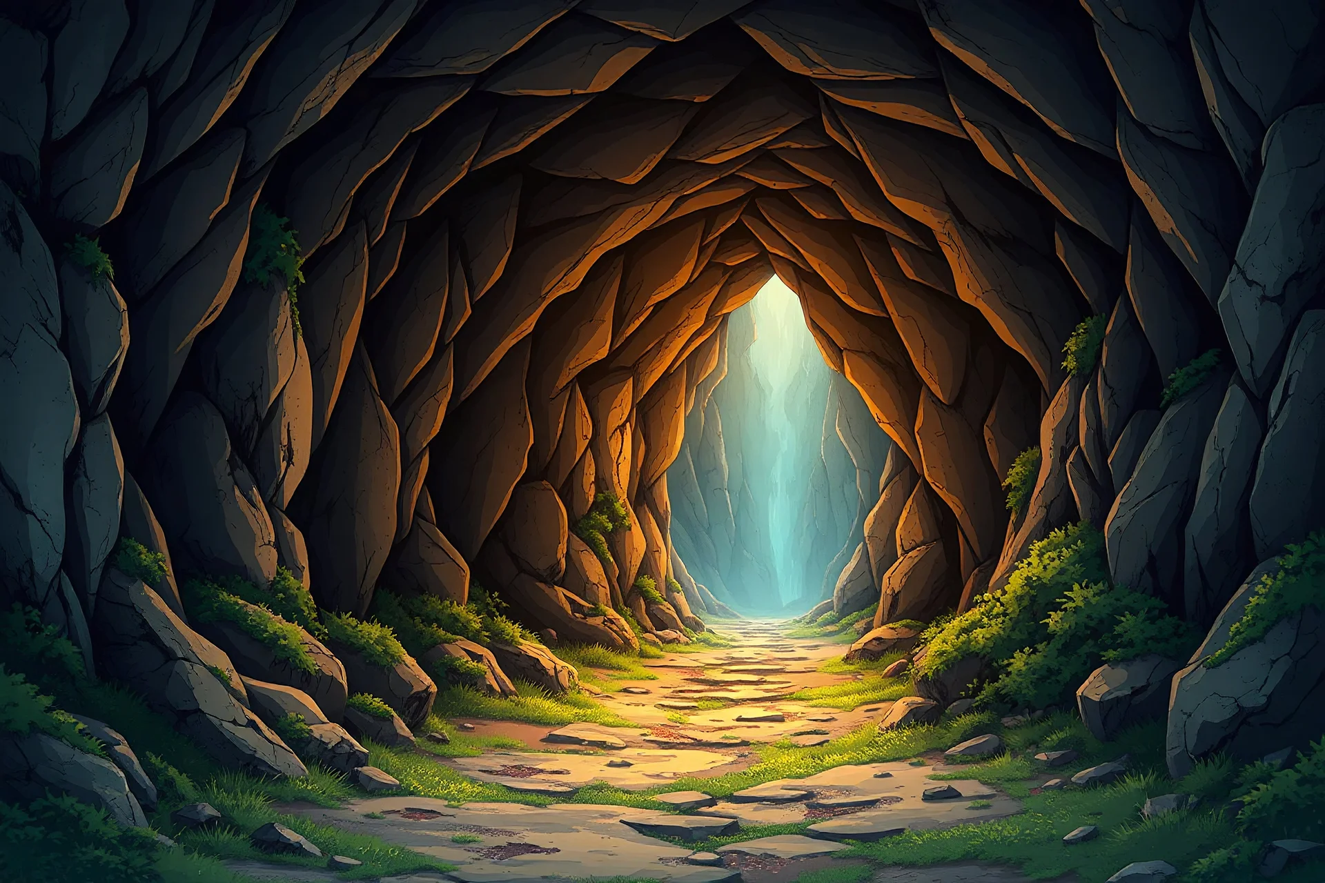 Mysterious cave entrance in anime style, medieval