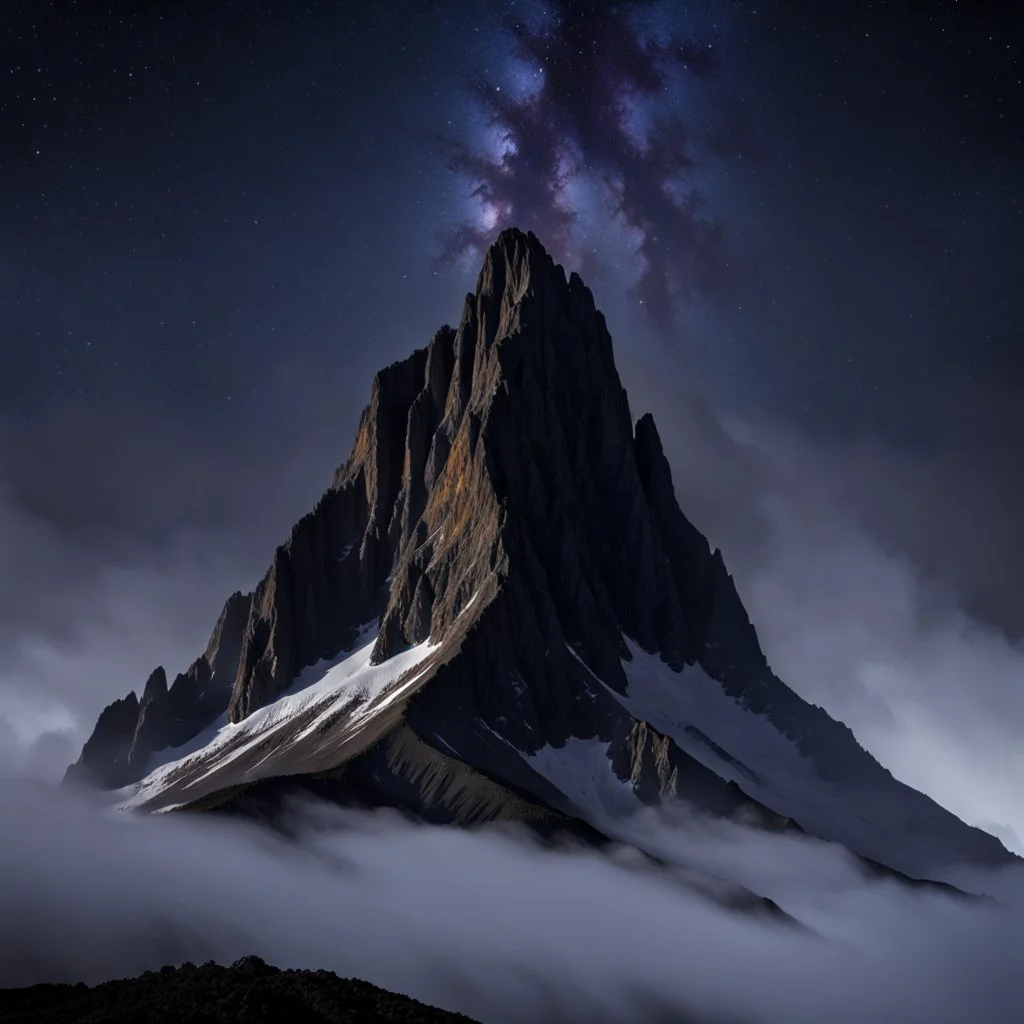 looking up at the tallest single mountain sharp face rising out of the misty foreground into the clear night sky background.