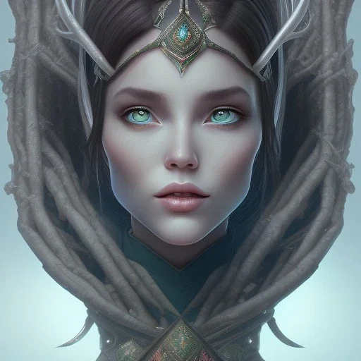 Portrait of wiched with horns " enchantress Morgan" with and mid-12th century elegant apparel.extremely detailed face,black clear Big eyes,perfectly centered image,intricate detail.Diseney style, korra character face style.and Kilian Eng art color