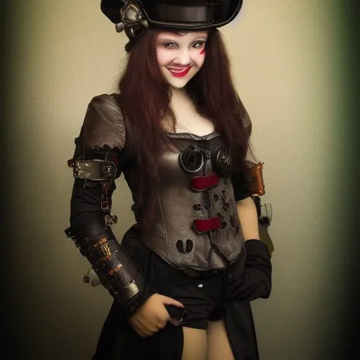 Dytopian, grinning, girl, hi res, steampunk, gothic