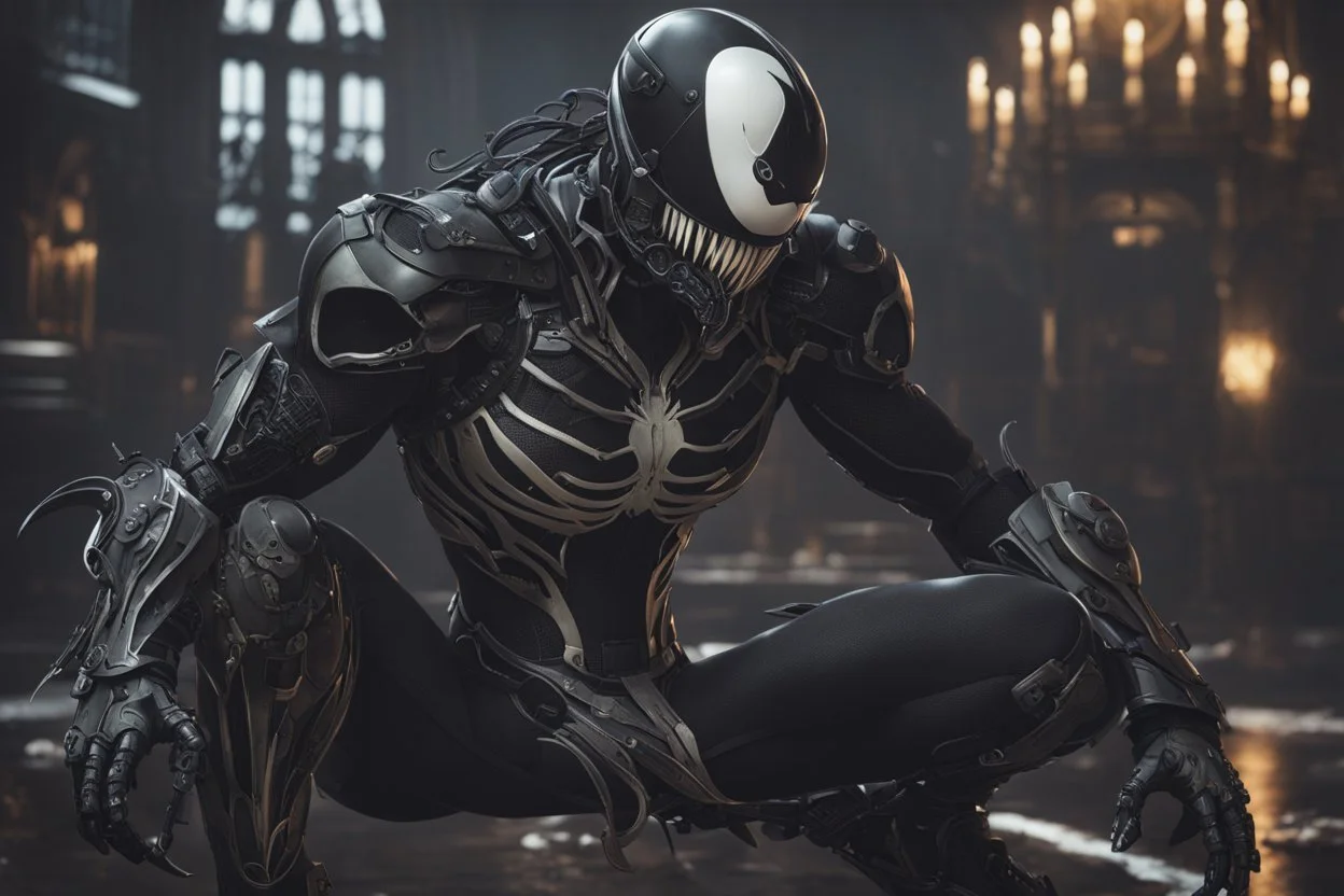 Venom machine in nier automata artstyle, halloween them, winter, close picture, fantasy world, intricate details, highly detailed, high details, detailed portrait, masterpiece,ultra detailed, ultra quality