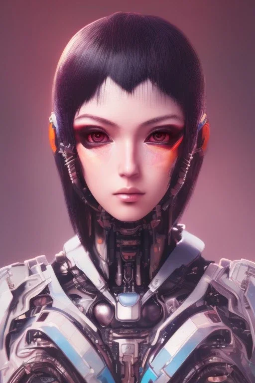 Futuristic anime cyborg, portrait from waist up, intricate eyeliner, vibrant eyeshadow, clear completion, soft lighting, 4k resolution, intricate details, insanely detailed, colorful cityscape background, masterpiece, expert, cinematic smooth, retroanime style, realistic details, no helmet, pastel hair color