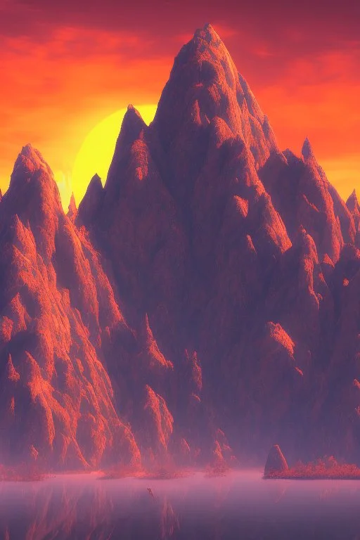 big rock mountains with and orange dawn sky with no clouds close montains anime style