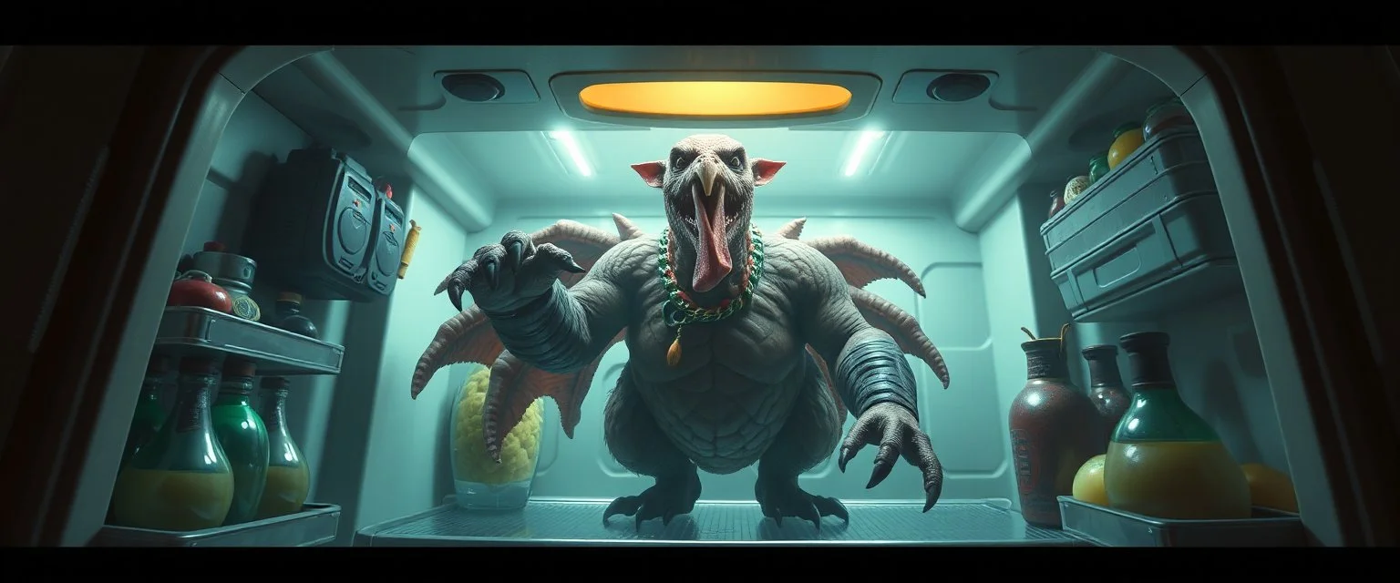 final boss pork turkey sloth captain jones demon in the fridge space craft in the style of fantasy art